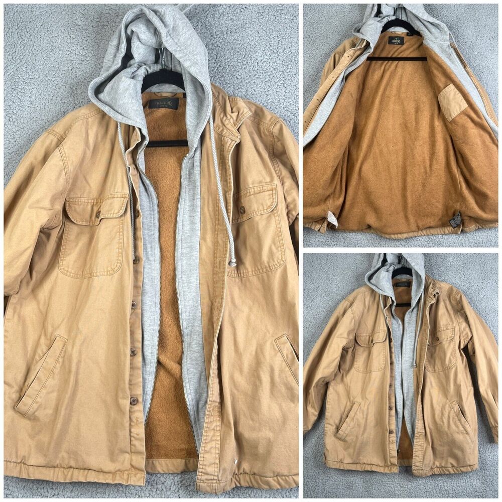 REDHEAD Hood Jacket Men M Beige Khaki Canvas Zip Snap Shirt Shacket Sherpa Lined